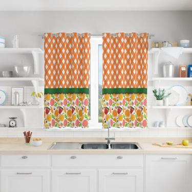 Imagem de Cortina Para Cozinha Em Tecido Frutas Xadrez Laranja 130x240cm - Core 