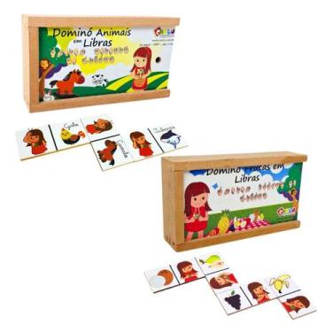 Imagem de Kit 2 Dominós Educativos em Libras Animais e Frutas Jogo Pedagógico Br