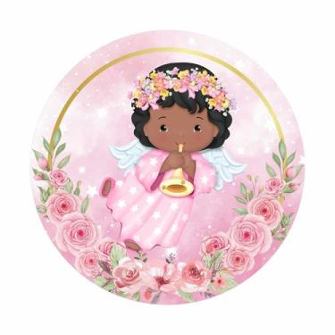 Imagem de Painel de Tecido Sublimado Redondo Anjinha Negra Coroa de Flores Aquar