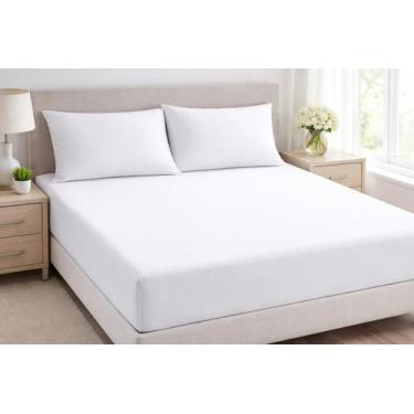 Imagem de Kit Lençol com elastico Queen 2 fronhas Brancas Teka 150 fios 100algd