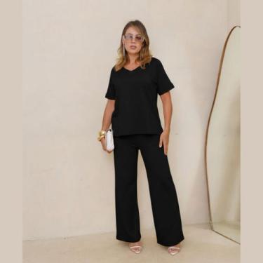 Imagem de Conjunto Moletom Feminino Pantalona Blusa Manga Curta Gola V - Rosana 