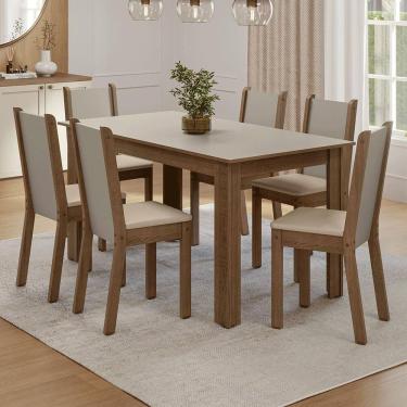 Imagem de Conjunto Sala de Jantar Lucena Mesa Tampo de Madeira 6 Cadeiras Rustic/Crema/Sintético Bege Madesa