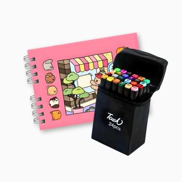 Imagem de Kit Livro de Colorir Capa Dura com 24 Canetinhas Ponta Dupla para Adultos e Crianças com Laminação Holográfica Rosa