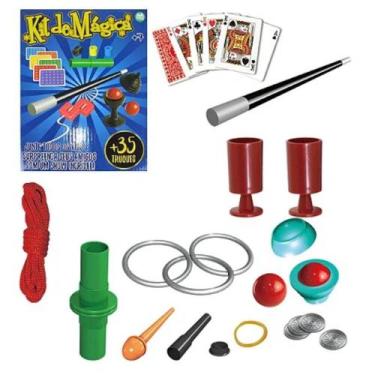 Imagem de Kit de mágica infantil de brinquedo com 35 truqes com varinha + 6 cart