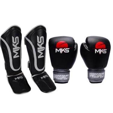 Imagem de Kit Luva Boxe Muay Thai Prospect Preto/Prata 10oz + Caneleira Prospect