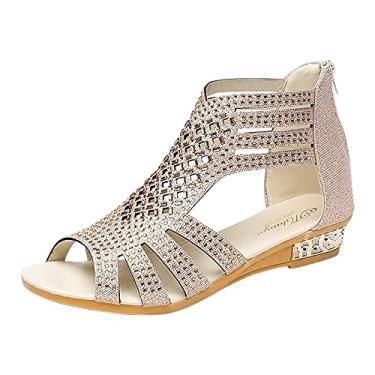 Imagem de Sandálias femininas elegantes de verão sem salto feminino cristal vintage sapatos vazados ao ar livre zíper moda sandálias femininas, Bege, 9