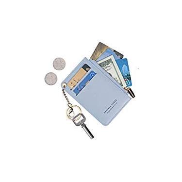 Imagem de Carteira pequena feminina de couro fina com porta-cartões e porta-moedas com chaveiro, Azul, P