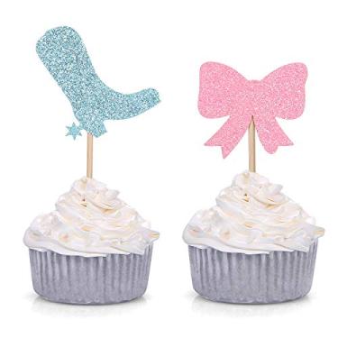 Imagem de Pacote com 24 botas ou laços de cobertura de cupcake para decoração de festa de chá de bebê (azul e rosa)