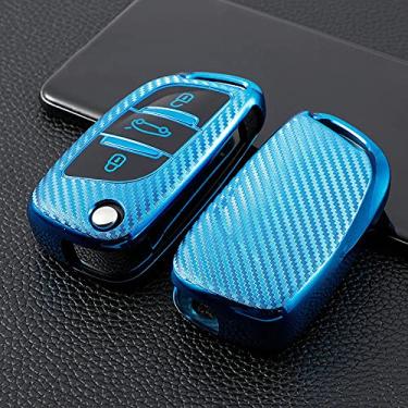 Imagem de YJADHU Capa de chave dobrável de carro TPU macio de 3 botões capa completa remota, apto para Peugeot Citroen C1 C2 C3 C4 C5 DS3 DS4 DS5 DS6, azul