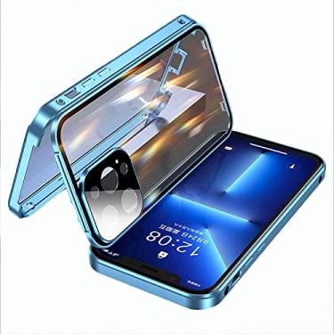 Imagem de KKFAUS Capa de fivela dupla face para iPhone 13 Pro Max/13 Pro/13, capa protetora com lente de câmera protetor de tela proteção total da armação de metal capa de vidro transparente (cor: azul, tamanho: 13 mini 5,4 polegadas)