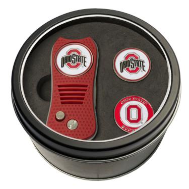 Imagem de Team Golf Conjunto de presente NCAA Ohio State Buckeyes com 3 marcadores magnéticos de dupla face, design patenteado de pino único, causa menos danos ao verde, mecanismo Switchblade