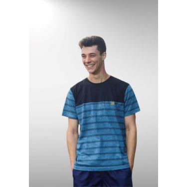 Imagem de Camiseta Masculina Adulto Cia Da Malha Recorte Azul Listra