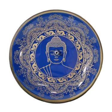 Imagem de Incensário Vidro Redondo Buda Hindu Com 7 Incensos Varetas (Azul C/Dourado(Buda))