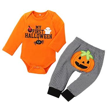 Imagem de Macaquinho para meninos grandes com gravatas Halloween + listrado, calça infantil, roupas de bebê, letras para meninos (laranja, 12 a 18 meses)