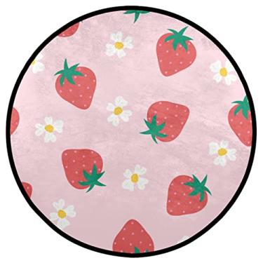 Imagem de Dinarno Tapete redondo com flor de morango rosa, durável, macio, lavável, redondo, antiderrapante, tapete para quarto, sala de estar, cozinha, banheiro, decoração de pátio, tapete circular