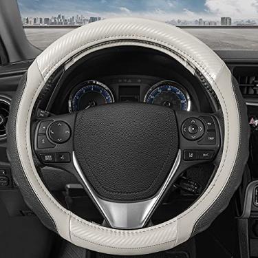 Imagem de Motor Trend Capa para volante de couro com aderência ergonômica granulada branca ultra esportiva com detalhe em fibra de carbono - ajuste universal para tamanhos padrão de 37 a 39 cm preto/branco