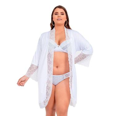 Imagem de Robe Manga Longa Microfibra Renda Luxo Plus Size Florallys Branco