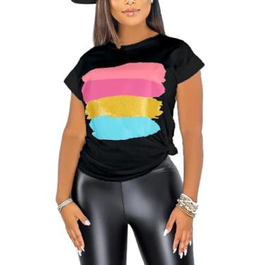 Imagem de PESION Camiseta feminina de manga curta com lantejoulas, gola redonda e estampa engraçada, Preto + listras metálicas, P
