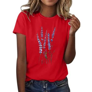 Imagem de PKDong Camiseta feminina estampada floral lavanda camiseta manga curta gola redonda camiseta feminina verão, Vermelho, XXG