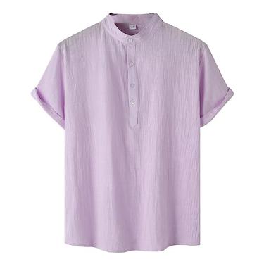 Imagem de Camiseta masculina de algodão e linho, gola alta, casual, lisa, manga curta, camiseta casual de praia, Roxo, P