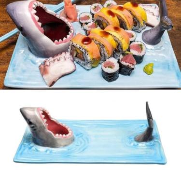 Imagem de HFLWYWD Prato de sushi de tubarão, prato de sushi de cerâmica Shark Attack, bandeja de servir barco de sushi com suporte de molho de soja e descanso de pauzinhos engraçados, bandeja de servir