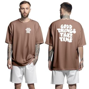 Imagem de Camisa Camiseta Oversized Streetwar Genuine Grit Masculina Larga 100% Algodão 30.1 Good Things Take Time - Marrom - G