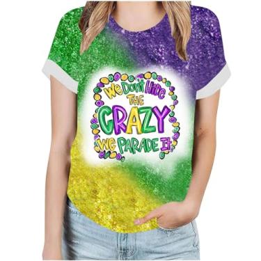 Imagem de Camiseta feminina Mardi Gras de manga curta estampada camisetas de férias camisetas casuais folgadas blusas de carnaval, A02#multicolorido, 5G