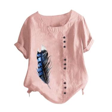 Imagem de Camisetas femininas de linho, gola redonda, plus size, manga curta, mistura de algodão, camisetas com botões, rosa, 3G