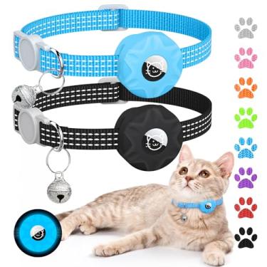 Imagem de Coleira para gatos Apple AirTag, rastreador GPS com design reflexivo, coleira leve para gatinhos com sino (preto/azul luminoso)