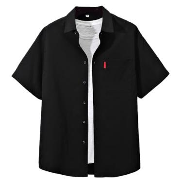 Imagem de Jueshanzj Camisa masculina de manga curta cor lisa simples solta tamanho grande, Preto, 5G