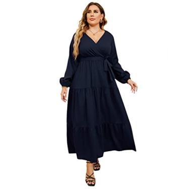 Imagem de KOJOOIN Vestido longo feminino plus size com decote em V, cintura alta, babados, manga comprida, azul-marinho, Manga comprida azul-marinho, GG