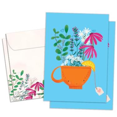 Imagem de Tree-Free Greetings Cartão Healing Herbal Tea Get Well - 2 cartões reciclados 5x7 e envelopes correspondentes, cartolina grossa, feito de forma sustentável nos EUA - Personagem de xícara de chá fofo e