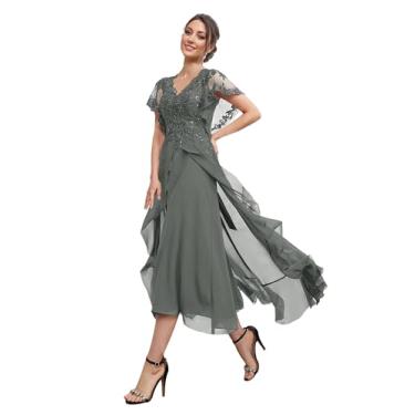 Imagem de Vestidos Mãe da Noiva Lantejoulas Decote em V Manga Curta Vestido de Noiva Vestido de Noiva Alto Baixo A Linha Chiffon Vestidos de Convidada para Casamento para Mulheres, Aço cinza, 48