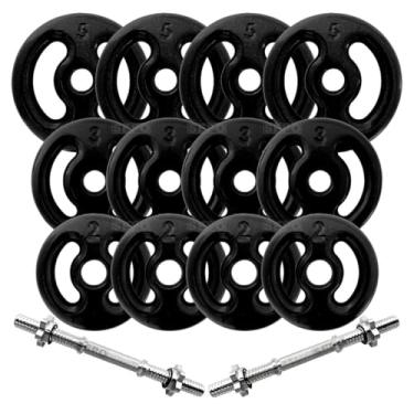 Imagem de Kit 40Kg em Anilhas Emborrachadas com 2 Barras Maciça Cromada de Rosca 40cm