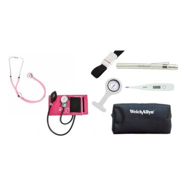 Imagem de Kit Acadêmico De Enfermagem Esfigmo E Rappaport PAMED, Lanterna, Garrote, Termometro Axilar,  Relogio Lapela, Estojo