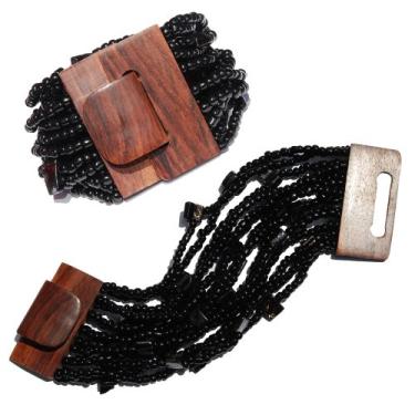Imagem de Pulseira Bali com contas pretas brilhantes com fecho de fivela de madeira dura - 14 fios elásticos - 5 cm de largura com conchas, 8 inches, Vidro
