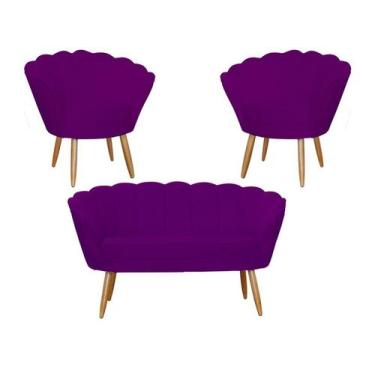 Imagem de Kit Namoradeira + 2 Poltronas Decorativa Pétala Suede Roxo Pés Madeira