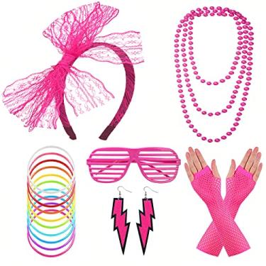 Imagem de Conjunto de acessórios para fantasia dos anos 80, brincos de renda, luvas arrastão, colar, pulseira, óculos, conjunto de fantasia de festa dos anos 80, Conjunto de 5 peças - vermelho rosa, Universal