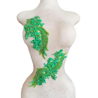 Imagem de Akiko.CC Um par de adesivos feitos à mão com contas de cristal corpete de renda DIY apliques acessório para roupas sociais 35 x 12 cm (verde claro)