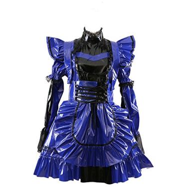 Imagem de Vestido feminino azul com trava de PVC para empregada francesa, duas maneiras, mangas compridas ou curtas, M, G, GG, GG, XGG, 3G