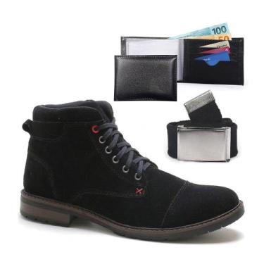 Imagem de Kit Botas Masculinas Casual Carteira e Cinto Coturno Cano Médio Camurç