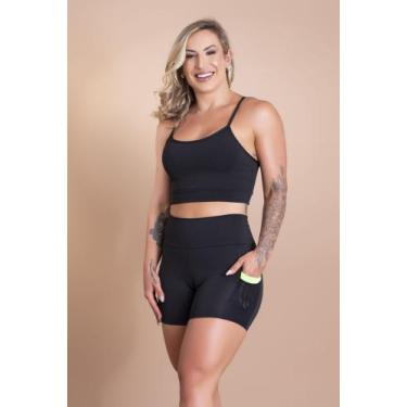 Imagem de Conjunto Fitness Feminino Short Cintura Alta Com Bolso Tela E Top Crop