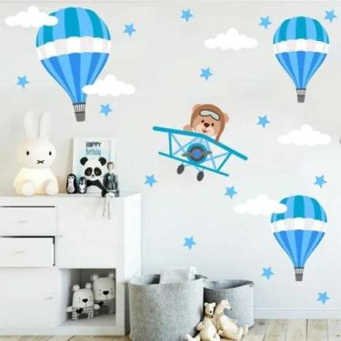 Imagem de Adesivo De Parede Berçário Menino Urso Aviador Azul Claro - pinkie