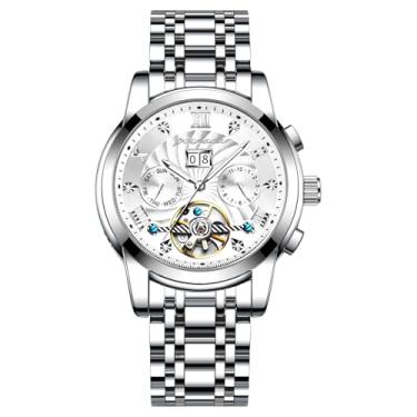 Imagem de Verhux Relógio mecânico automático com mostrador azul, mostrador multifuncional, pulseira prateada e dourada - design elegante e complexo, Relógios masculinos prata 1408 com mostrador branco