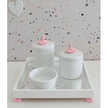 Imagem de Kit Higiene K049 Bandeja MDF Porcelanas Apliques Rosa Quarto Bebê - Ci