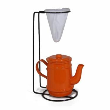 Imagem de Jogo De Café Mini Bule 400ml Alumínio + Suporte Com Coador - Laranja -
