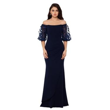 Imagem de Xscape Vestido longo feminino manga ilusão ombro a ombro (regular e pequeno), Azul marino, 38