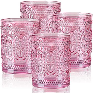 Imagem de abrwyy Conjunto de Copos de Vidro Rosa de 4, Copos Vintage para Beber, Copos de Vidro Rosa Resistentes de 10 Onças, Vidro Antigo, Conjunto de Copos Em Relevo para Festa, Casamento, (10Oz Rosa, Rosa)