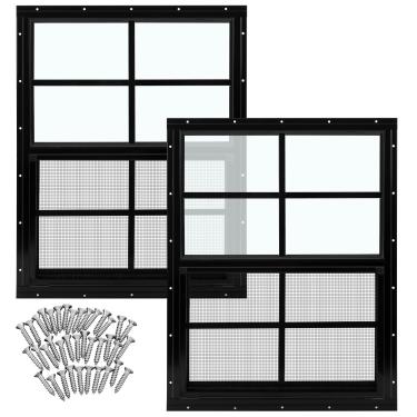 Imagem de Tandefio 2 janelas pretas de 45,7 cm x 58 cm para galinheiro com vidro temperado e tela de janelas domésticas com controle deslizante vertical e parafusos para galpões de casa móvel, celeiros
