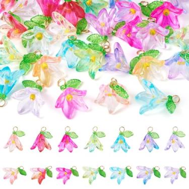 Imagem de KISSITTY Amuleto de acrílico de flor transparente 28 peças para fazer joias coloridas lírio floral pingente pingente de flor de sino ornamentos pendurados com folha para brincos, pulseiras, colares,